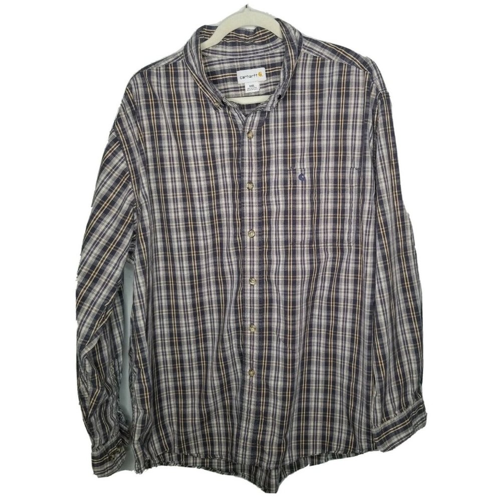 CARHARTT MEN'S 2XL LONG SLEEVE BUTTON DOWN SHIRT BLUE TAN PLAID COTTON EUC